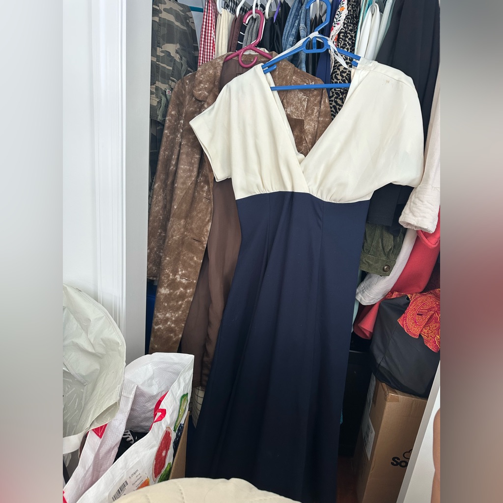 Vintage, 1940s Dress, Off White Top/ Navy Bottom Midi Fits Small
